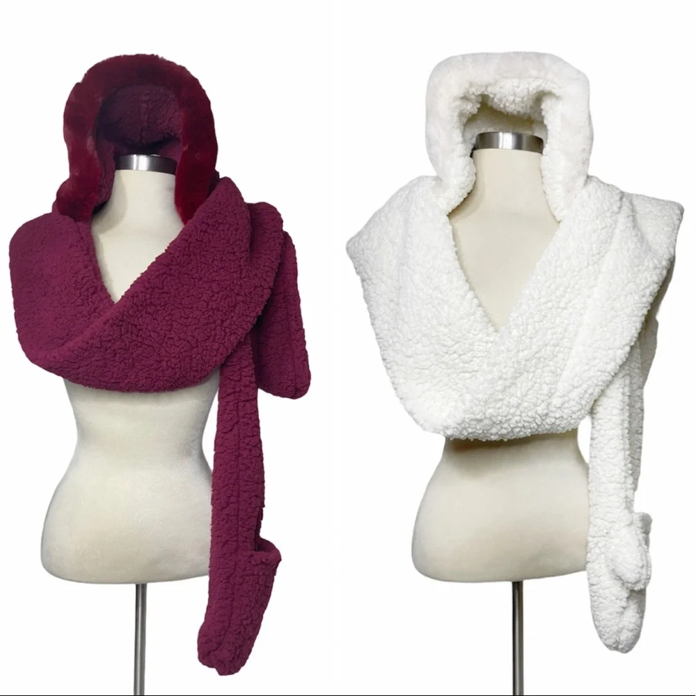 Luxury Hat Scarf Gloves in 1 Set Burgundy Winter White Beige Ivory Womens